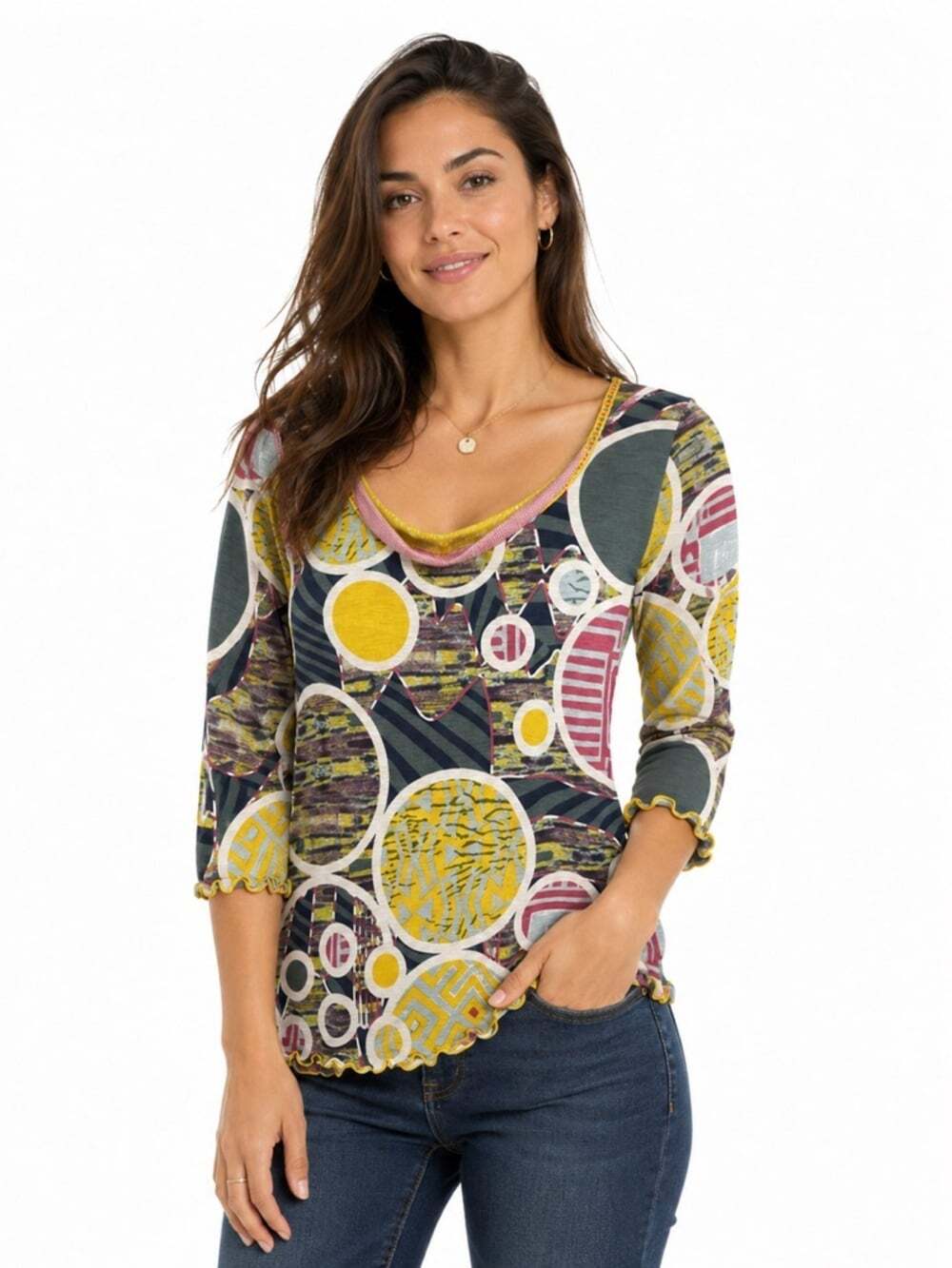 Anak Designed By Kimi Multicoloured Top 3/4 Sleeve Circle Design Size Medium